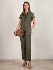 Reiss | Good American Cotton Twill Jumpsuit with Stretch in Khaki