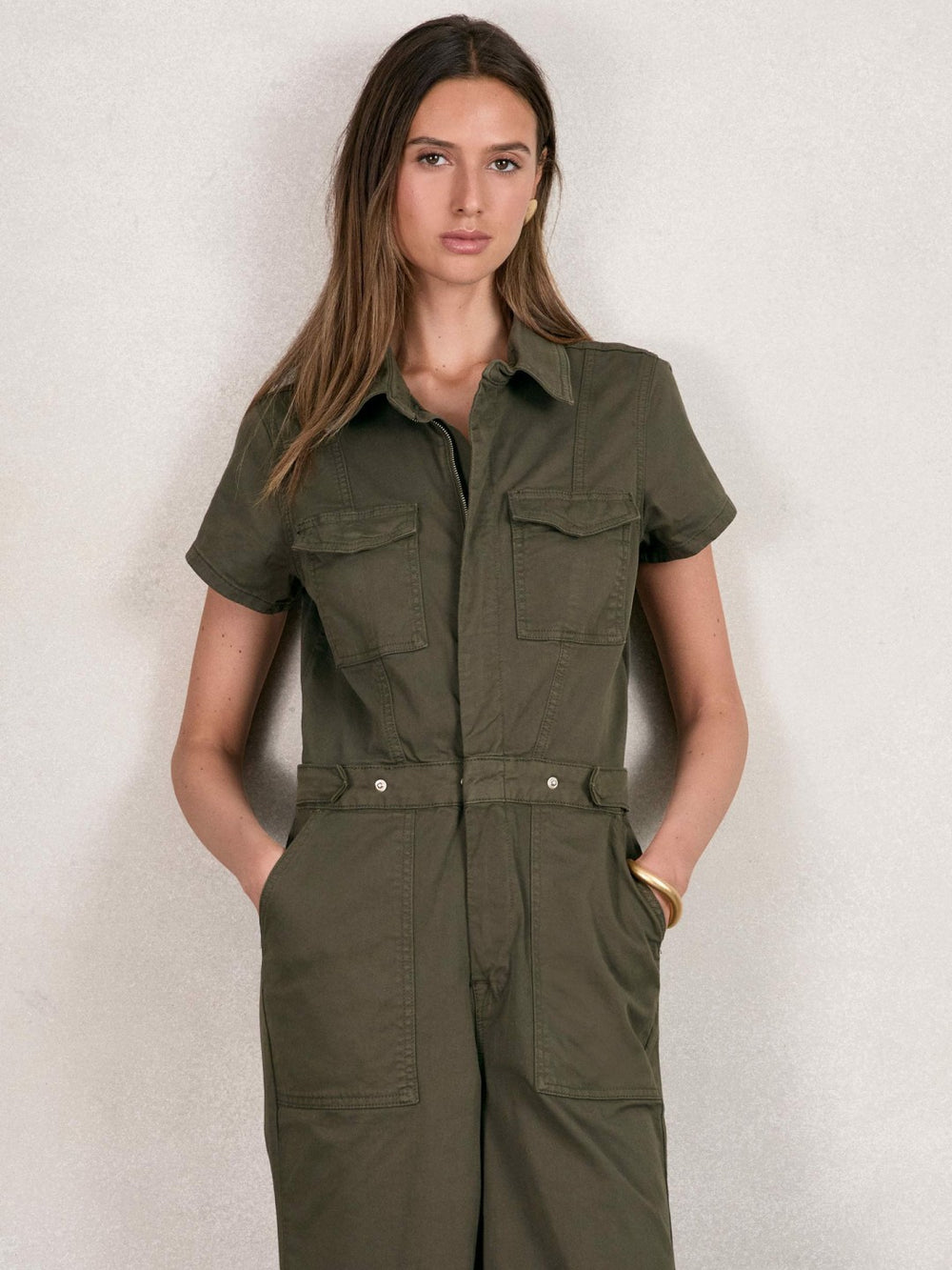 Reiss | Good American Cotton Twill Jumpsuit with Stretch in Khaki
