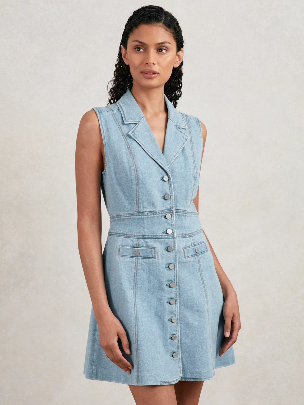 Reiss | Paige Denim Button-Through Mini Dress in Jocelyn Blue