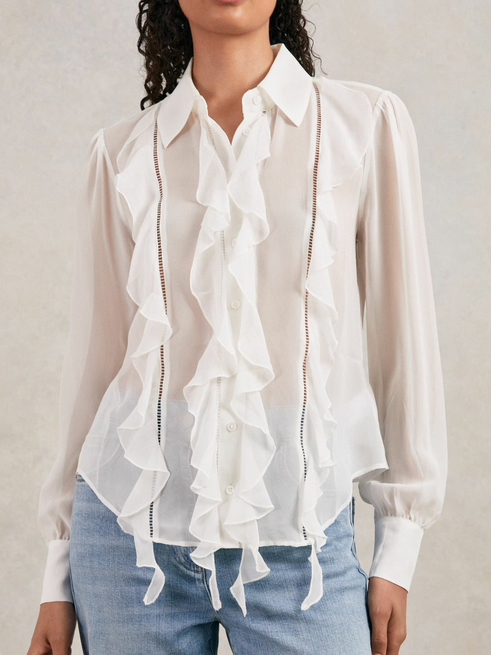 Reiss | Paige Silk Georgette Ruffle Trim Shirt in White
