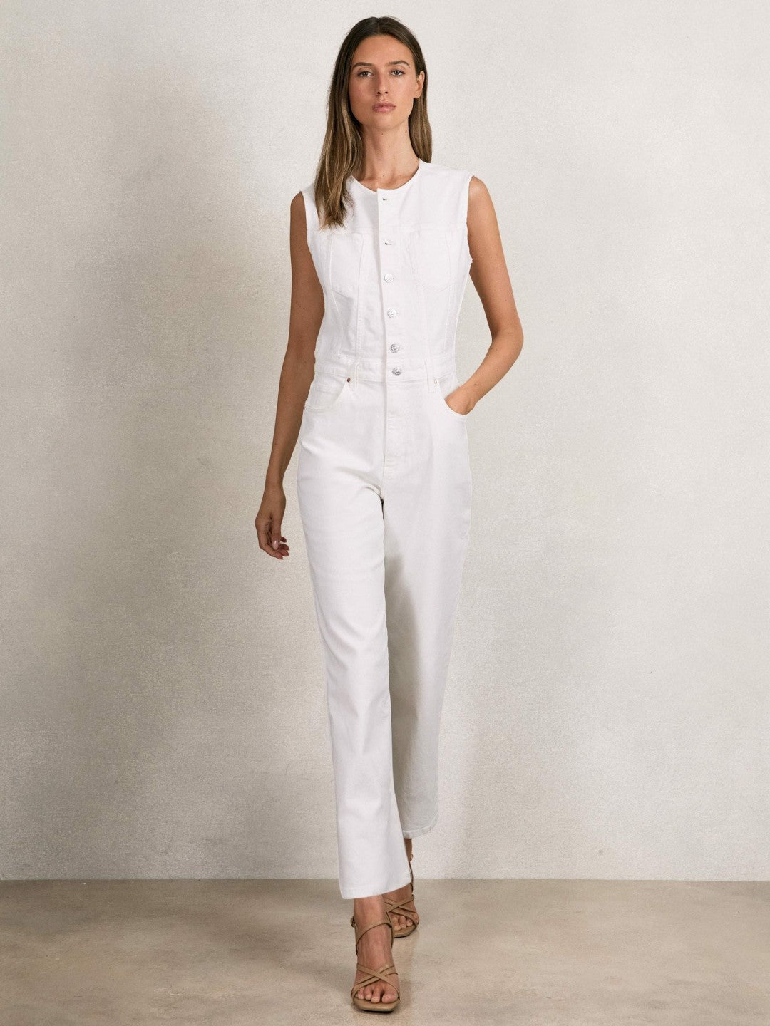 Reiss | Paige Denim Straight Leg Jumpsuit in Ecru