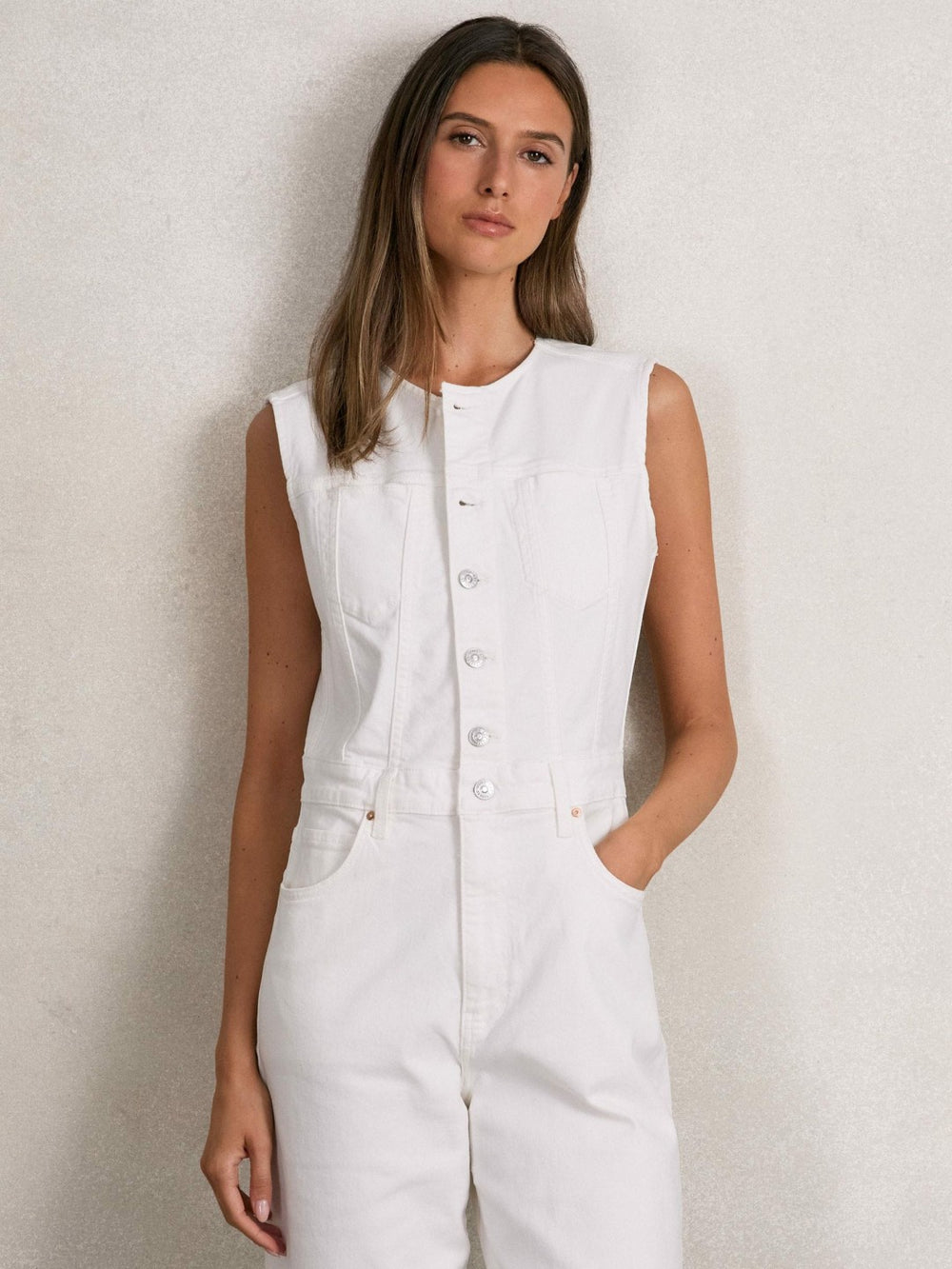 Reiss | Paige Denim Straight Leg Jumpsuit in Ecru