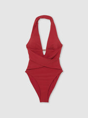 Reiss | Plunge Halterneck Swimsuit in Dark Red