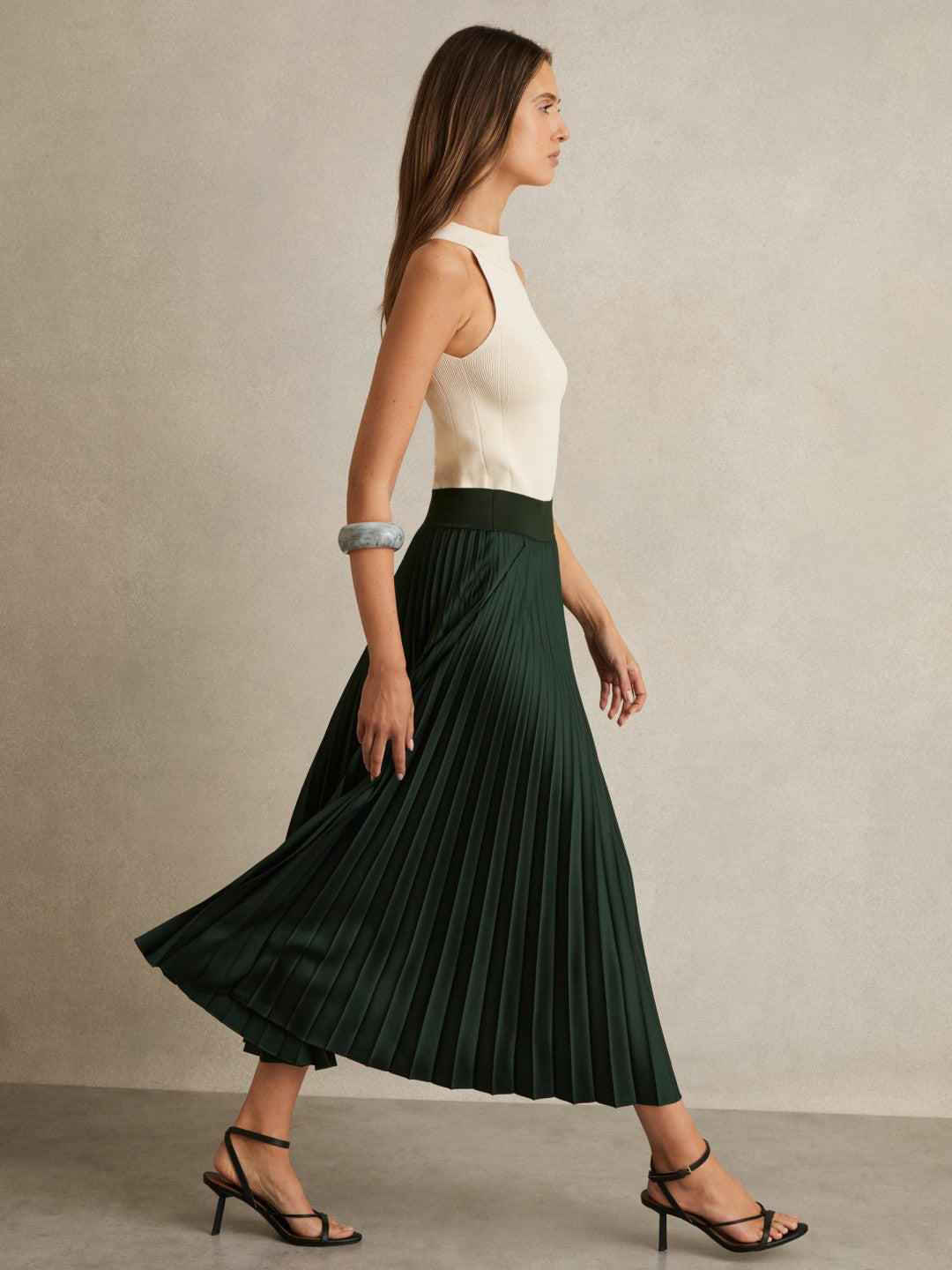 Reiss | Pleated Midi Skirt in Dark Green