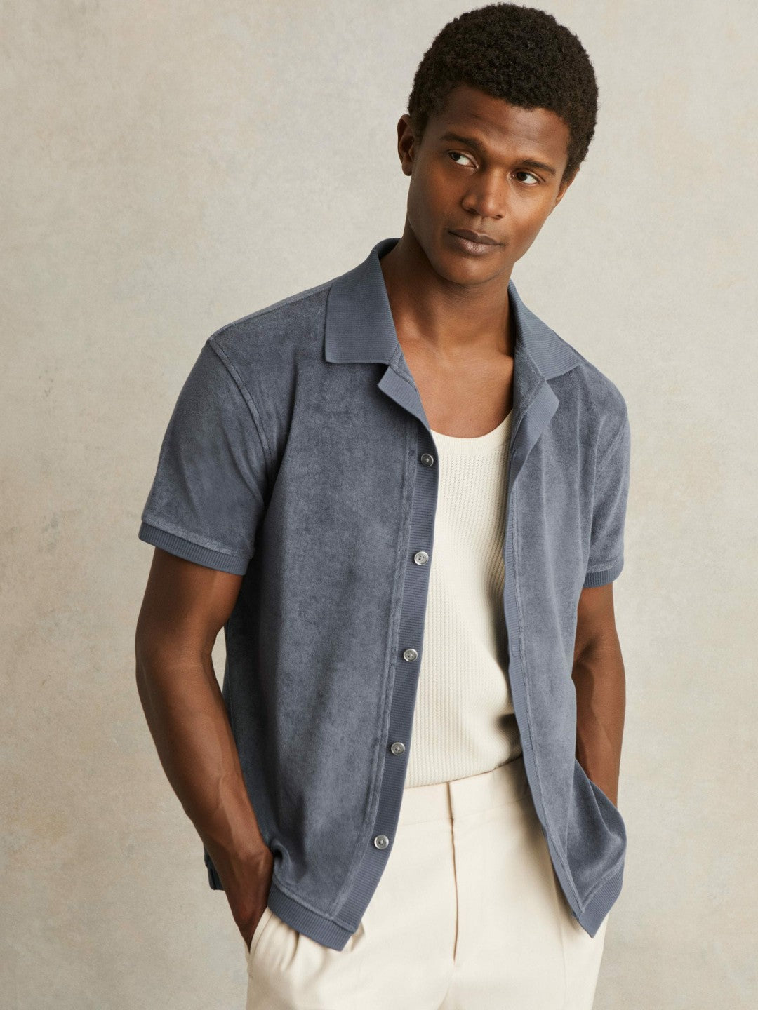 Reiss | Cotton Blend Towelling Shirt in Airforce Blue