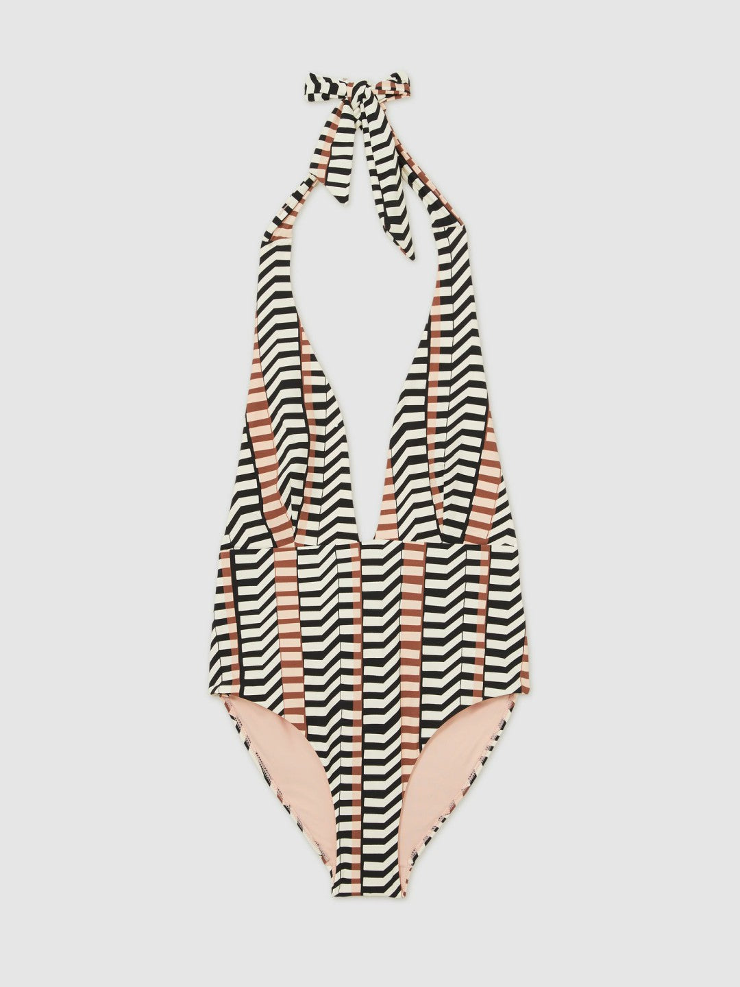Reiss | Chevron Stripe Plunge Swimsuit in Black/Brown