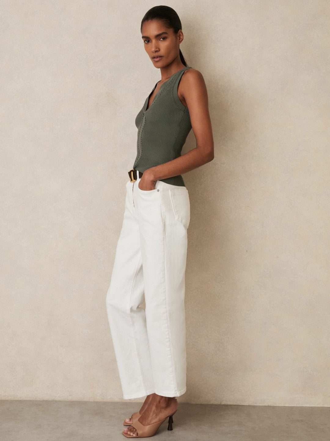 Reiss | Craft-Stitch Rib-Knit Vest in Khaki Green