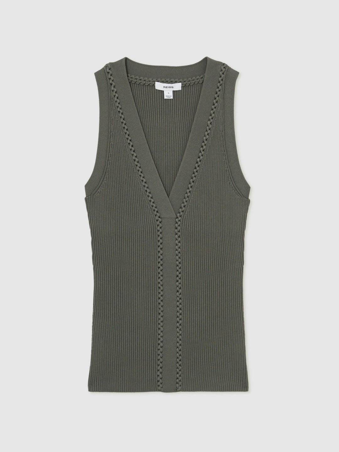 Reiss | Craft-Stitch Rib-Knit Vest in Khaki Green