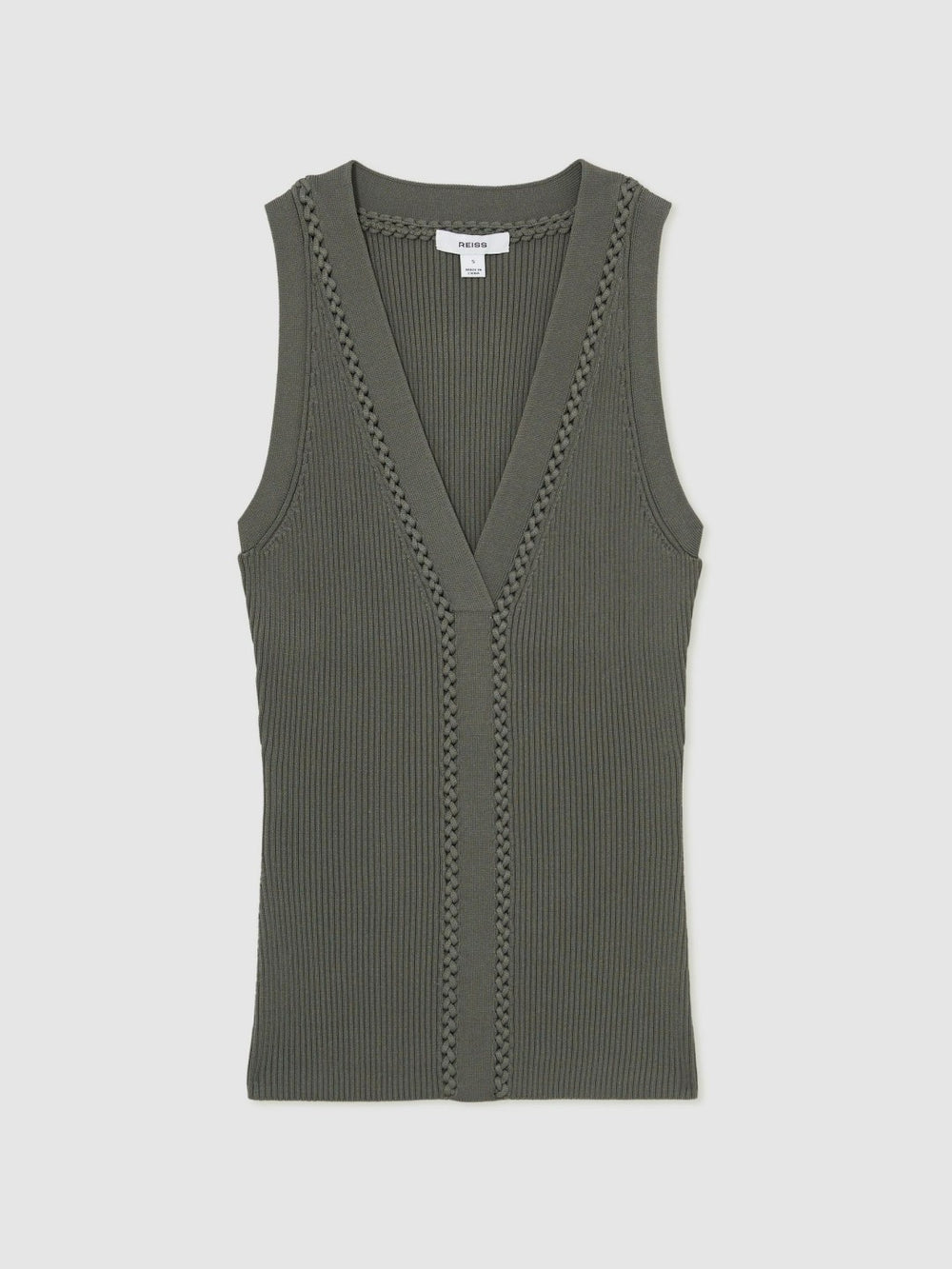Reiss | Craft-Stitch Rib-Knit Vest in Khaki Green