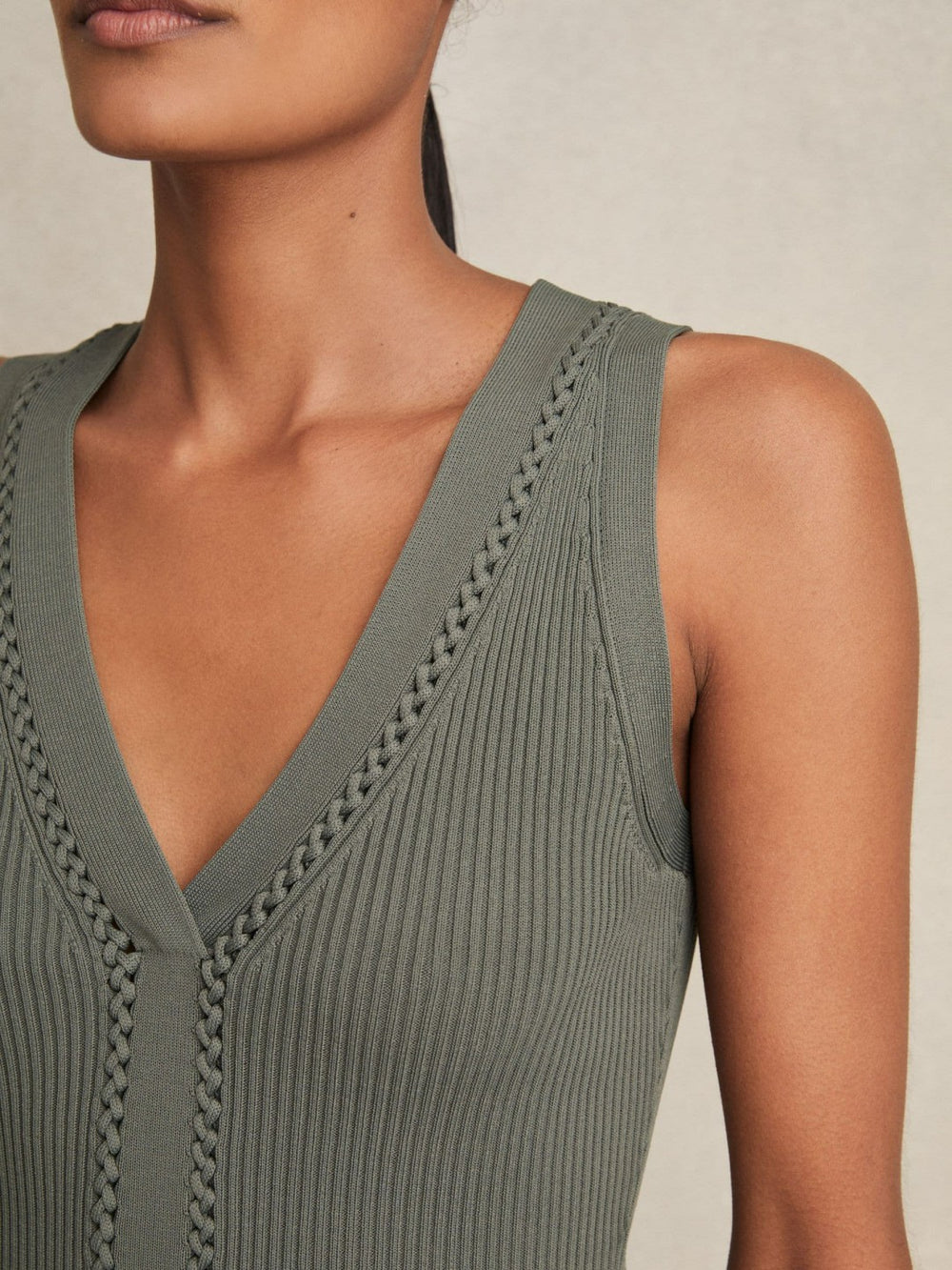 Reiss | Craft-Stitch Rib-Knit Vest in Khaki Green