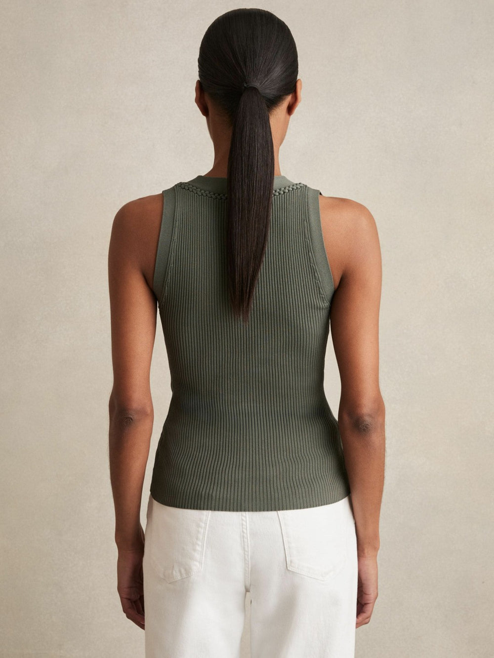 Reiss | Craft-Stitch Rib-Knit Vest in Khaki Green