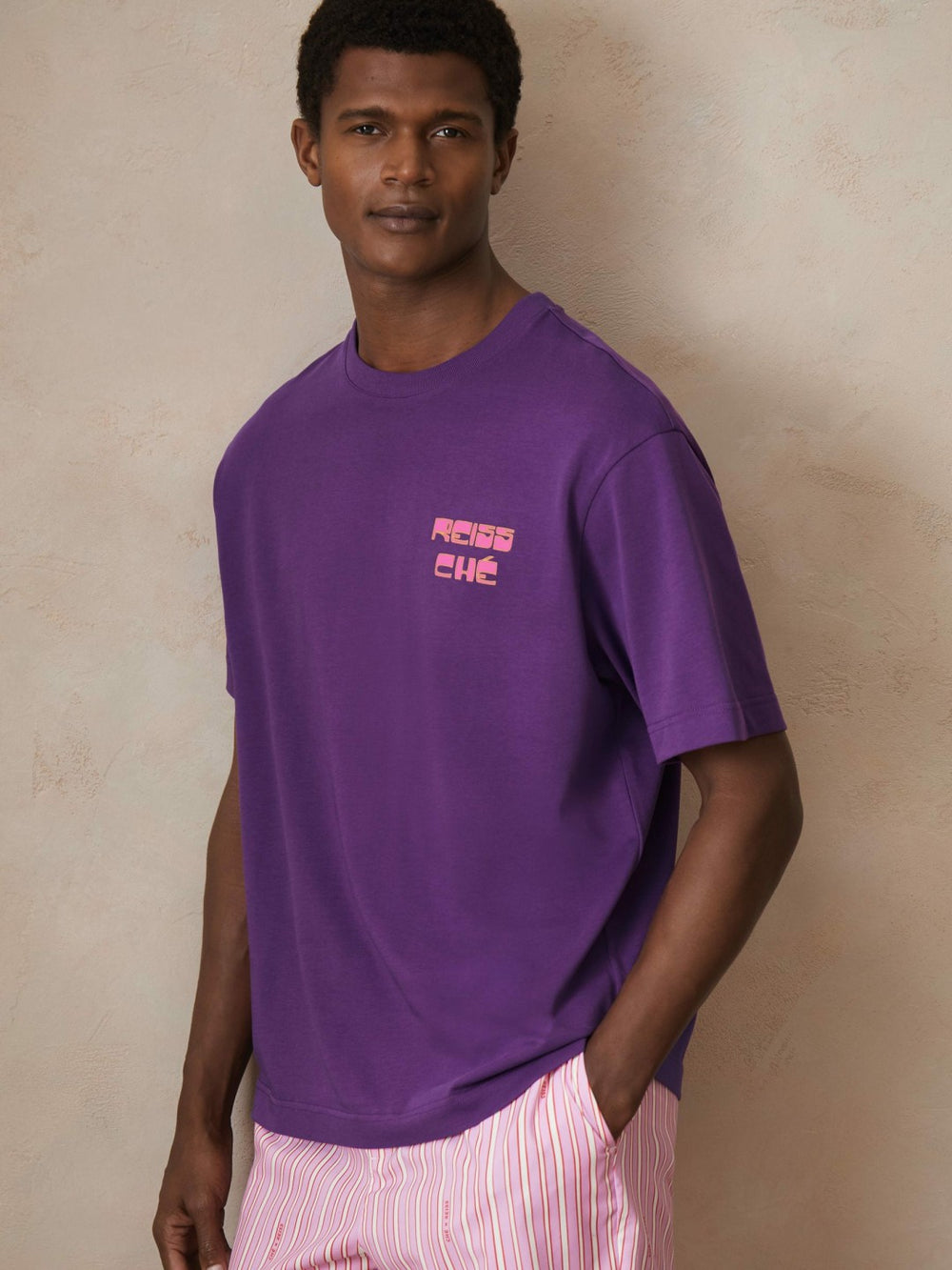 Reiss | | Ché Cotton Palm-Print T-Shirt in Purple