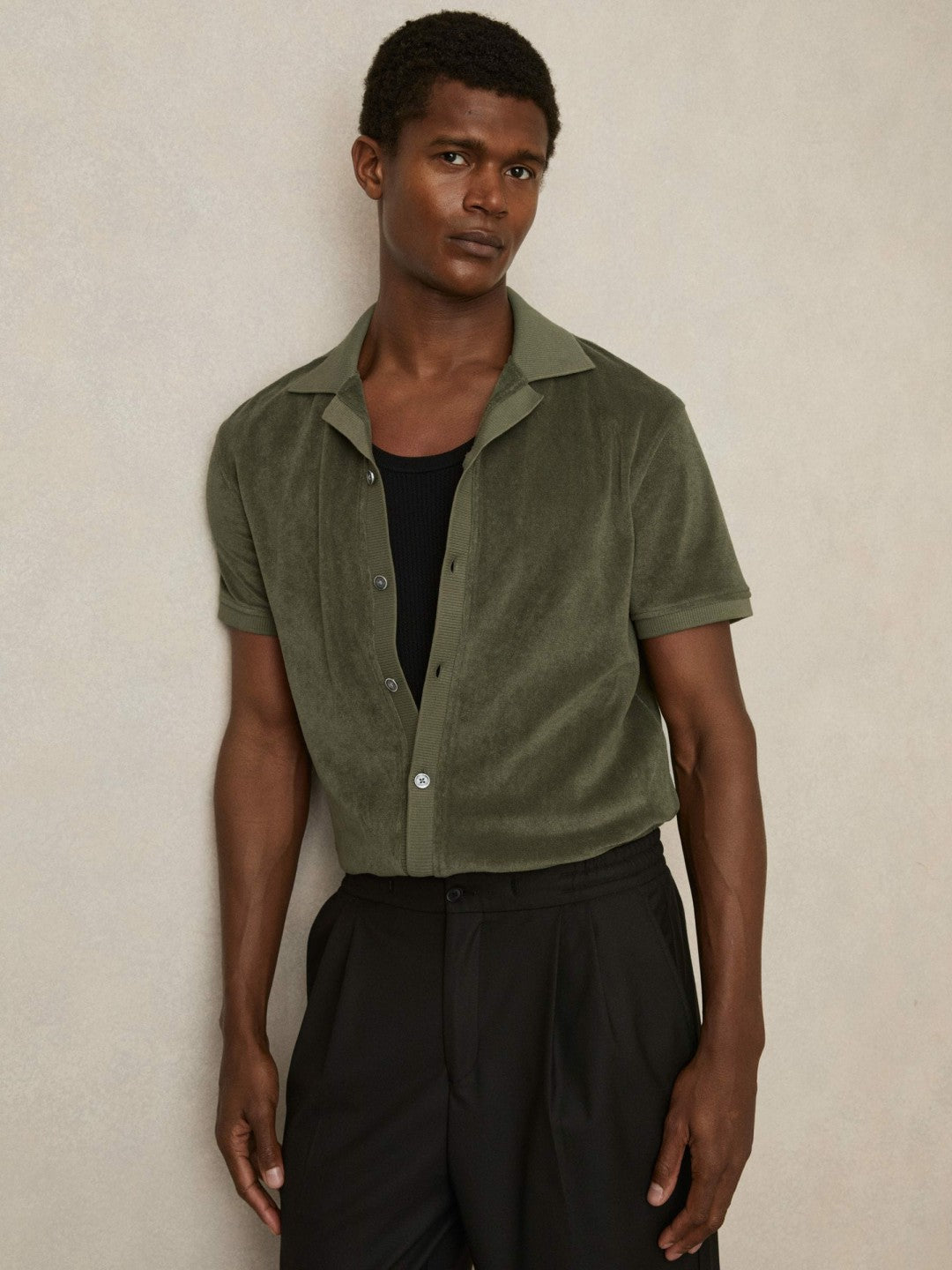 Reiss | Cotton Blend Towelling Shirt in Green