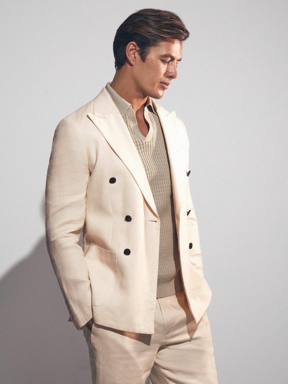Reiss | Linen Double-Breasted Suit Slim-Fit Blazer in Stone