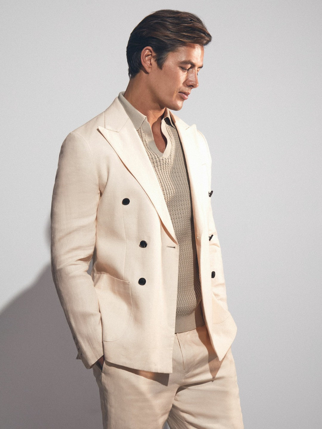 Reiss | Linen Double-Breasted Suit Slim-Fit Blazer in Stone