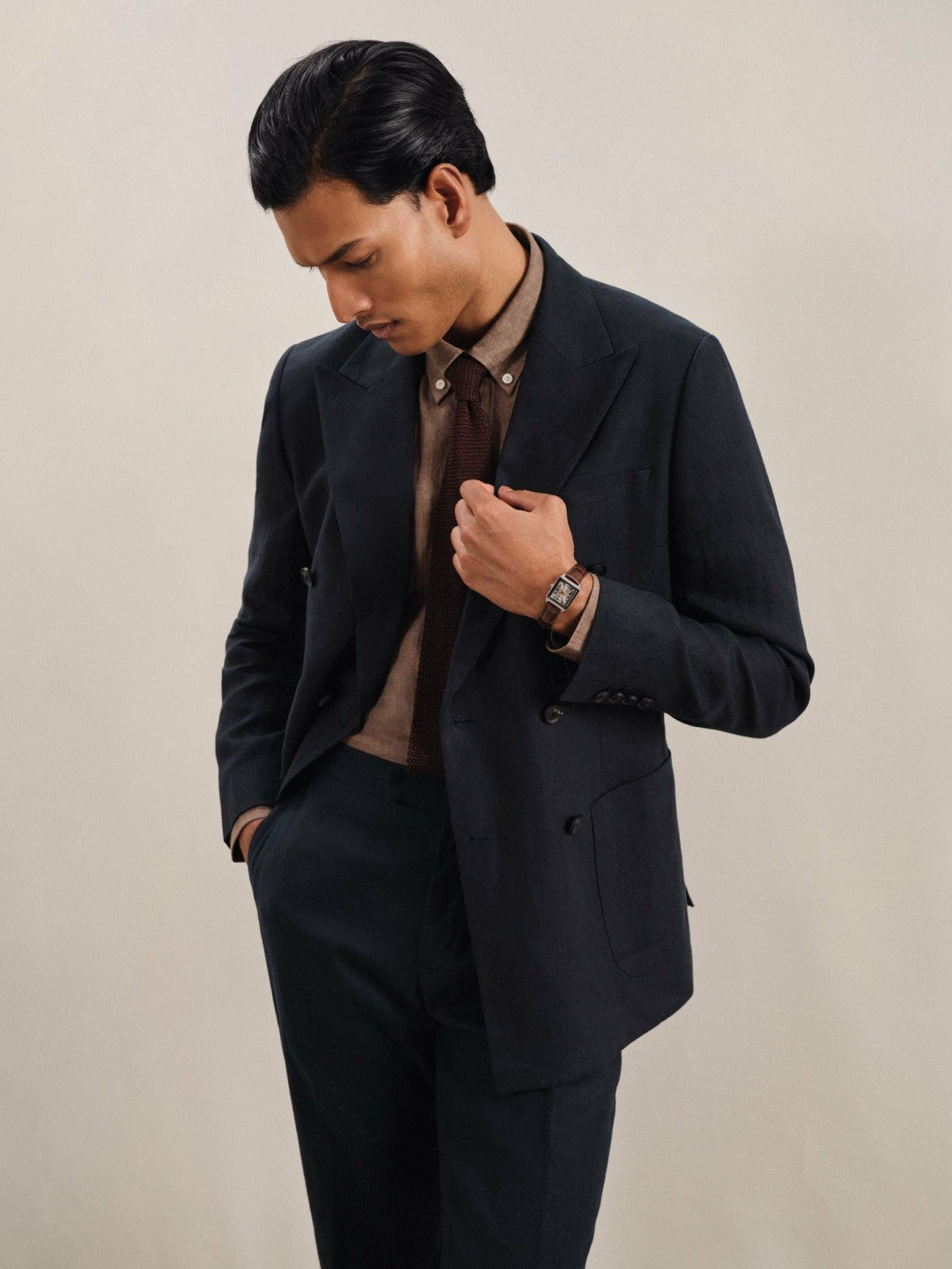 Reiss | Linen Double-Breasted Suit Slim-Fit Blazer in Navy