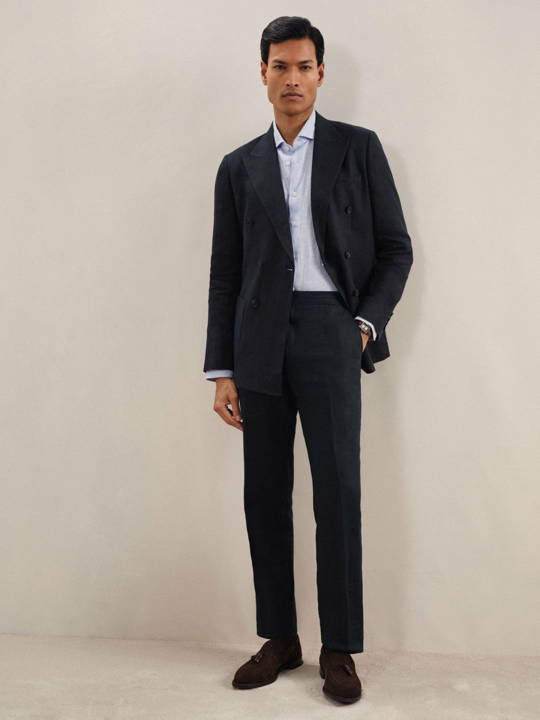 Reiss | Linen Double-Breasted Suit Slim-Fit Blazer in Navy