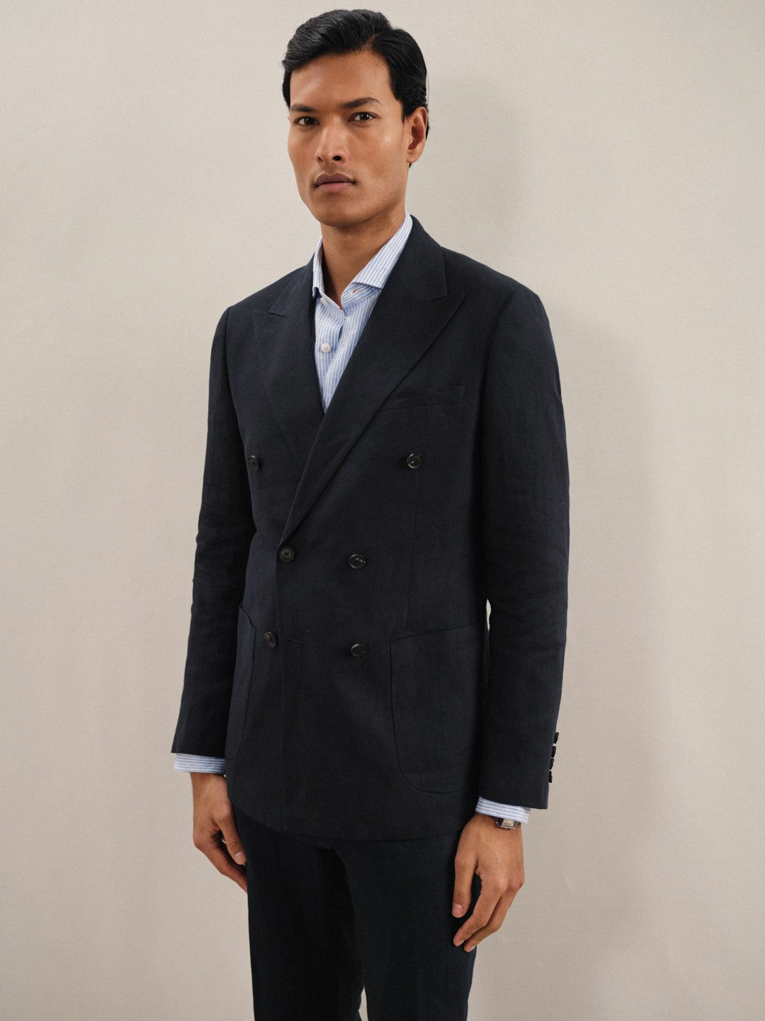 Reiss | Linen Double-Breasted Suit Slim-Fit Blazer in Navy