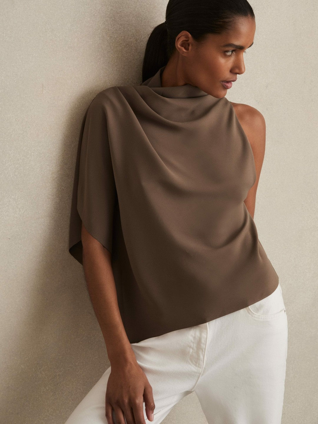 Reiss | One-Shoulder Draped Top in Mink