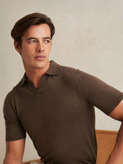 Reiss | Merino Wool Open Collar Polo Shirt in Chocolate Brown