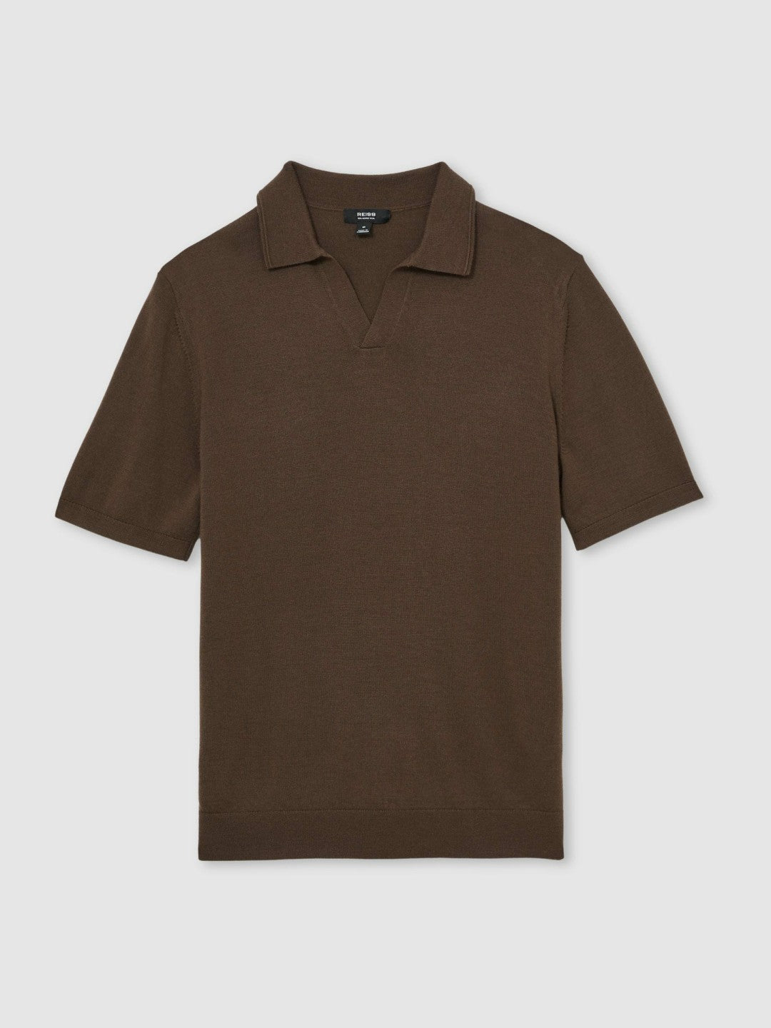 Reiss | Merino Wool Open Collar Polo Shirt in Chocolate Brown