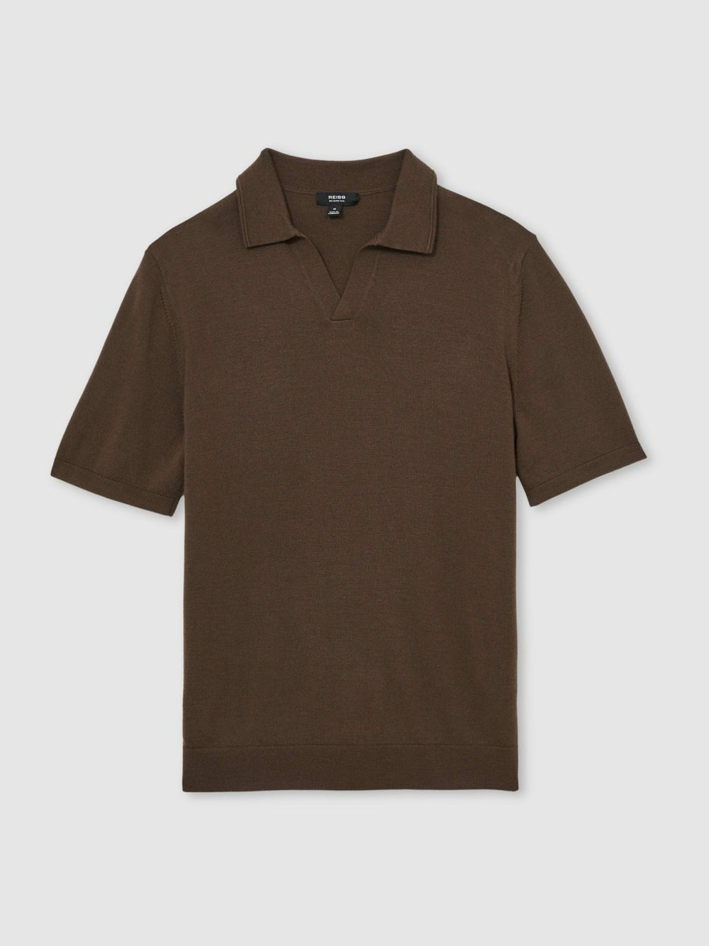 Reiss | Merino Wool Open Collar Polo Shirt in Chocolate Brown