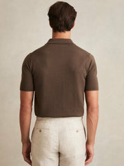Reiss | Merino Wool Open Collar Polo Shirt in Chocolate Brown