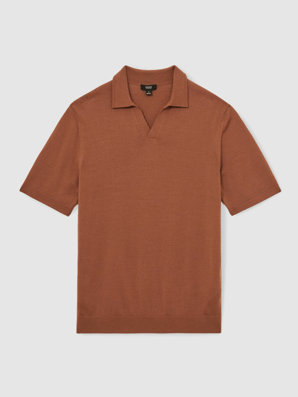 Reiss | Merino Wool Open Collar Polo Shirt in Cinnamon Brown