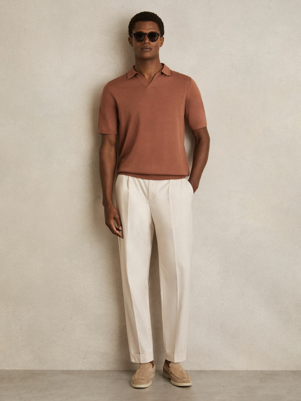 Reiss | Merino Wool Open Collar Polo Shirt in Cinnamon Brown
