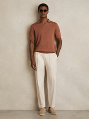 Reiss | Merino Wool Open Collar Polo Shirt in Cinnamon Brown