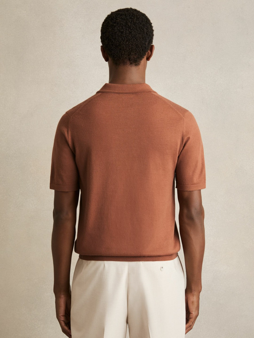 Reiss | Merino Wool Open Collar Polo Shirt in Cinnamon Brown