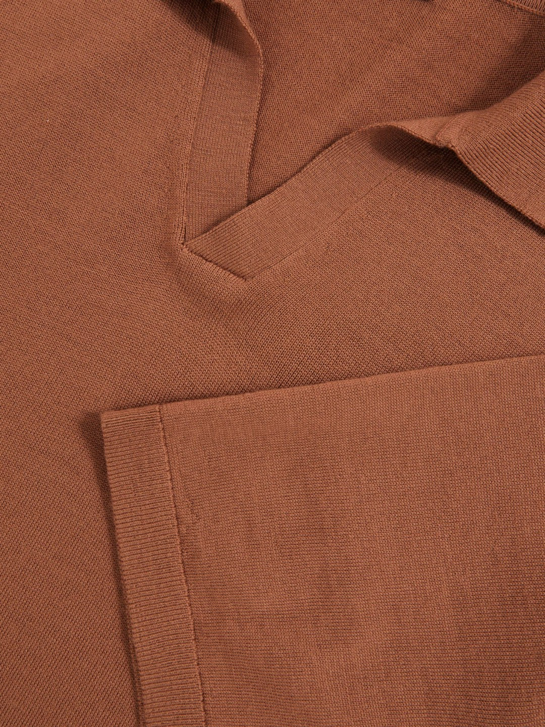 Reiss | Merino Wool Open Collar Polo Shirt in Cinnamon Brown