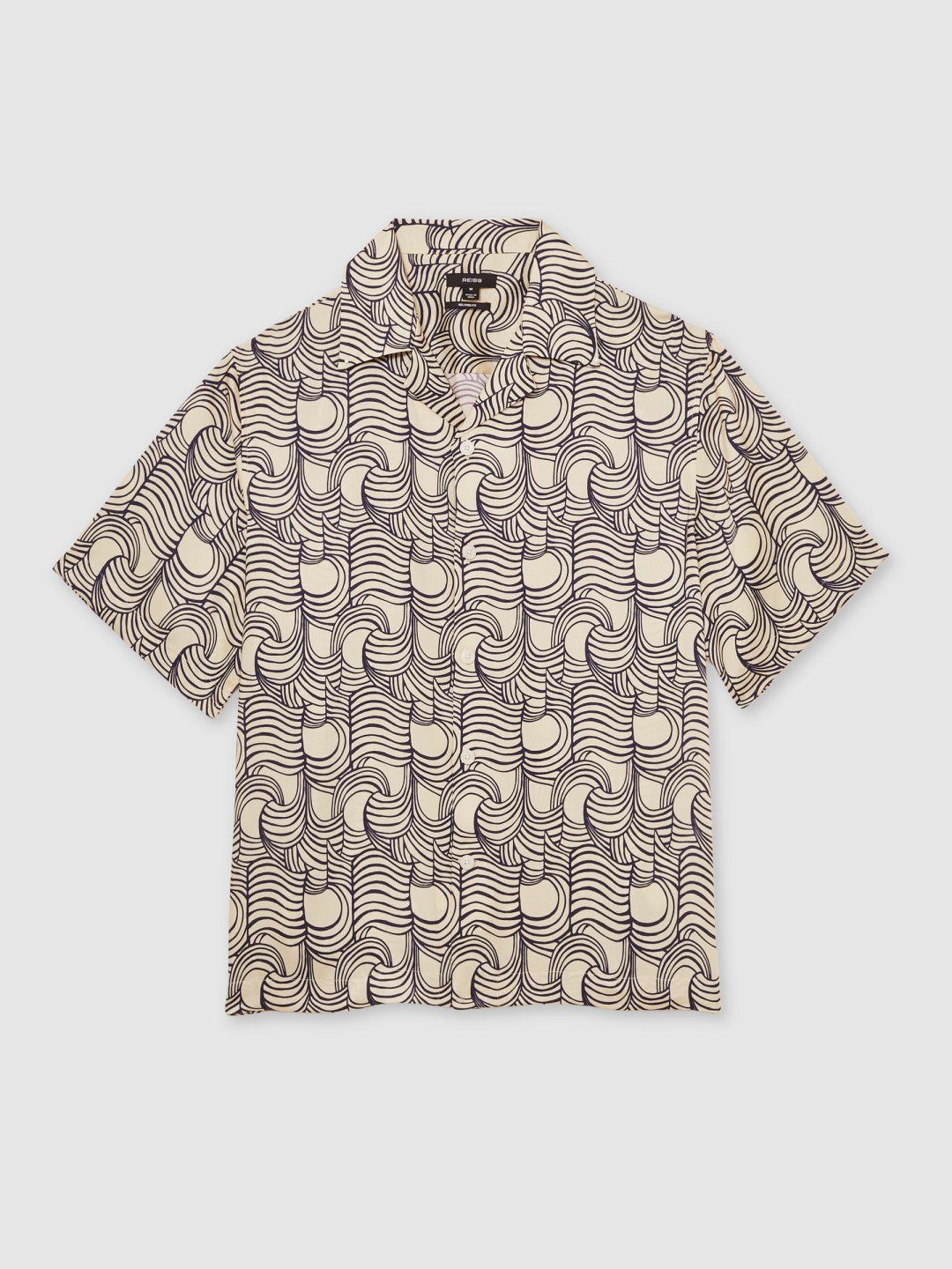 Reiss | Wave Print Cuban Collar Shirt in Off White/Navy