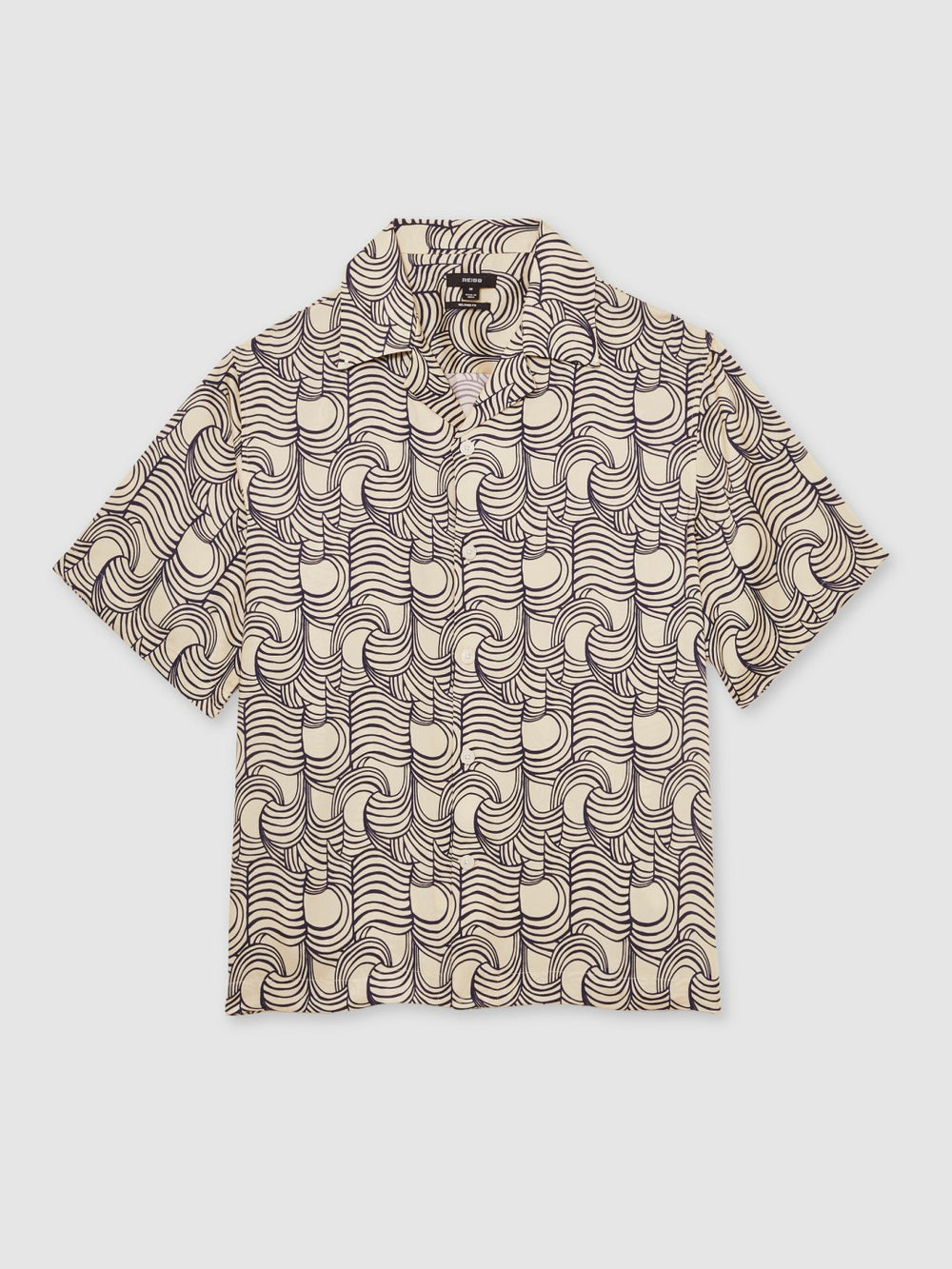 Reiss | Wave Print Cuban Collar Shirt in Off White/Navy