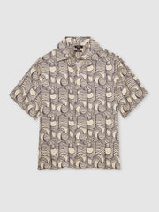 Reiss | Wave Print Cuban Collar Shirt in Off White/Navy