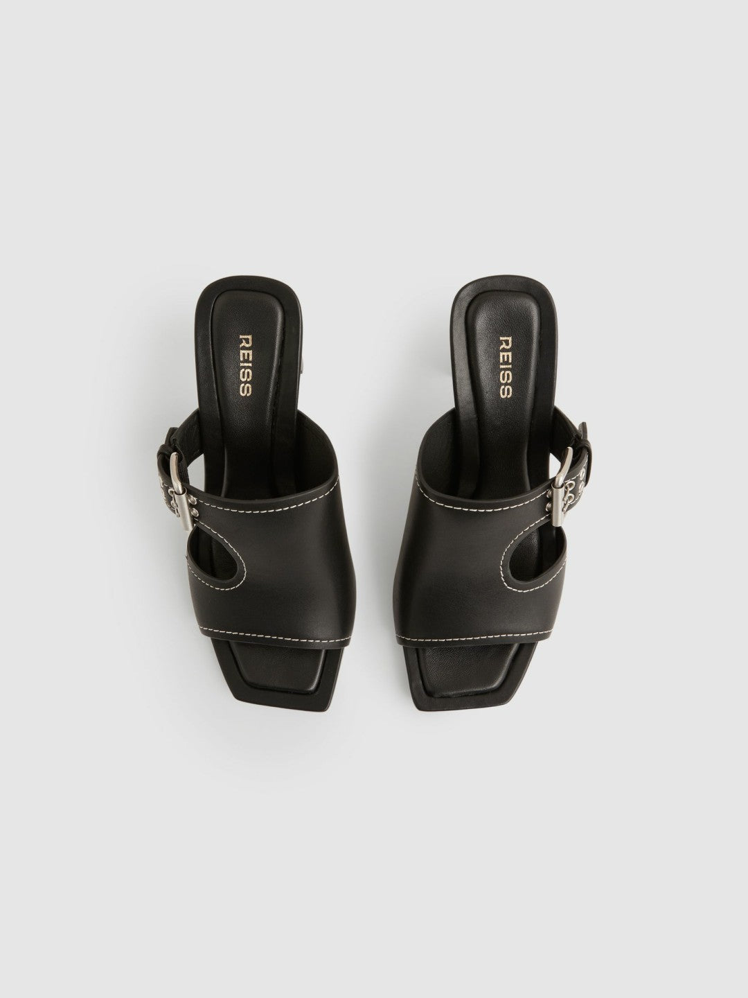 Reiss | Leather Buckle Block-Heel Sandals in Black