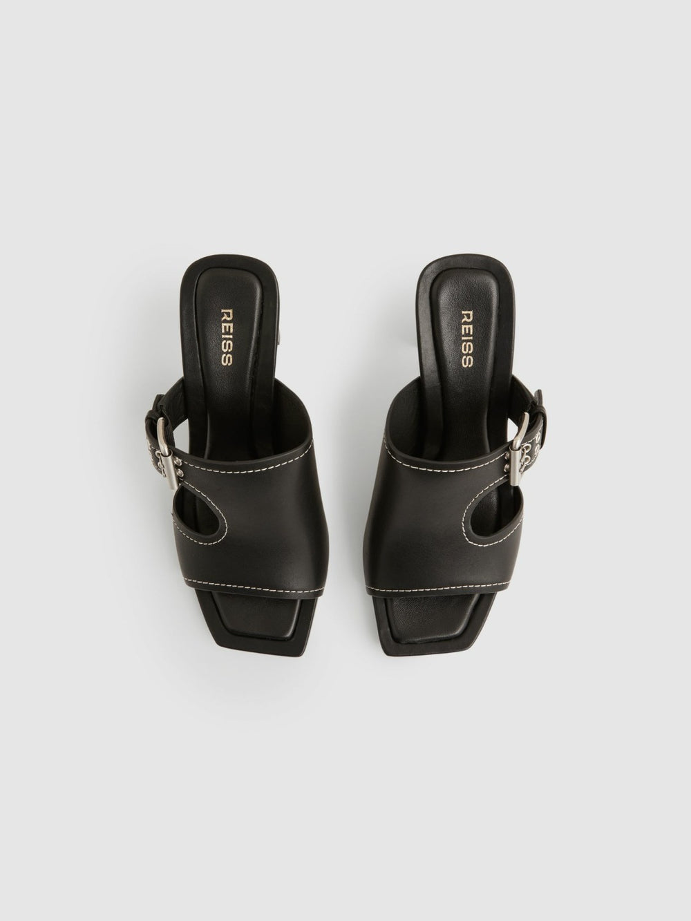 Reiss | Leather Buckle Block-Heel Sandals in Black