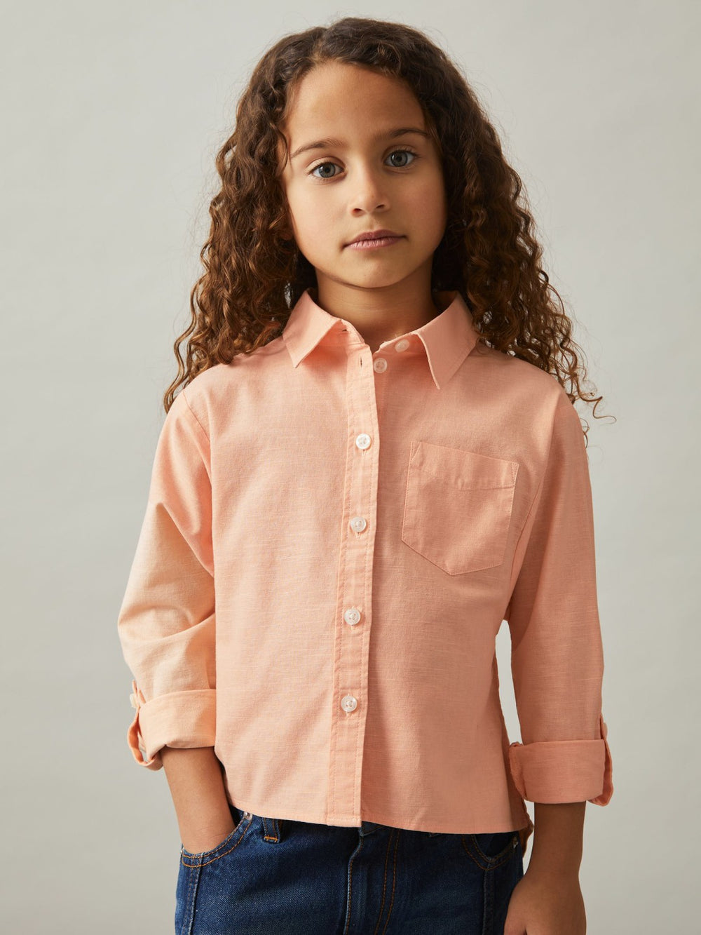 Reiss | 9-13 yrs Linen Roll-Cuff Shirt in Peach
