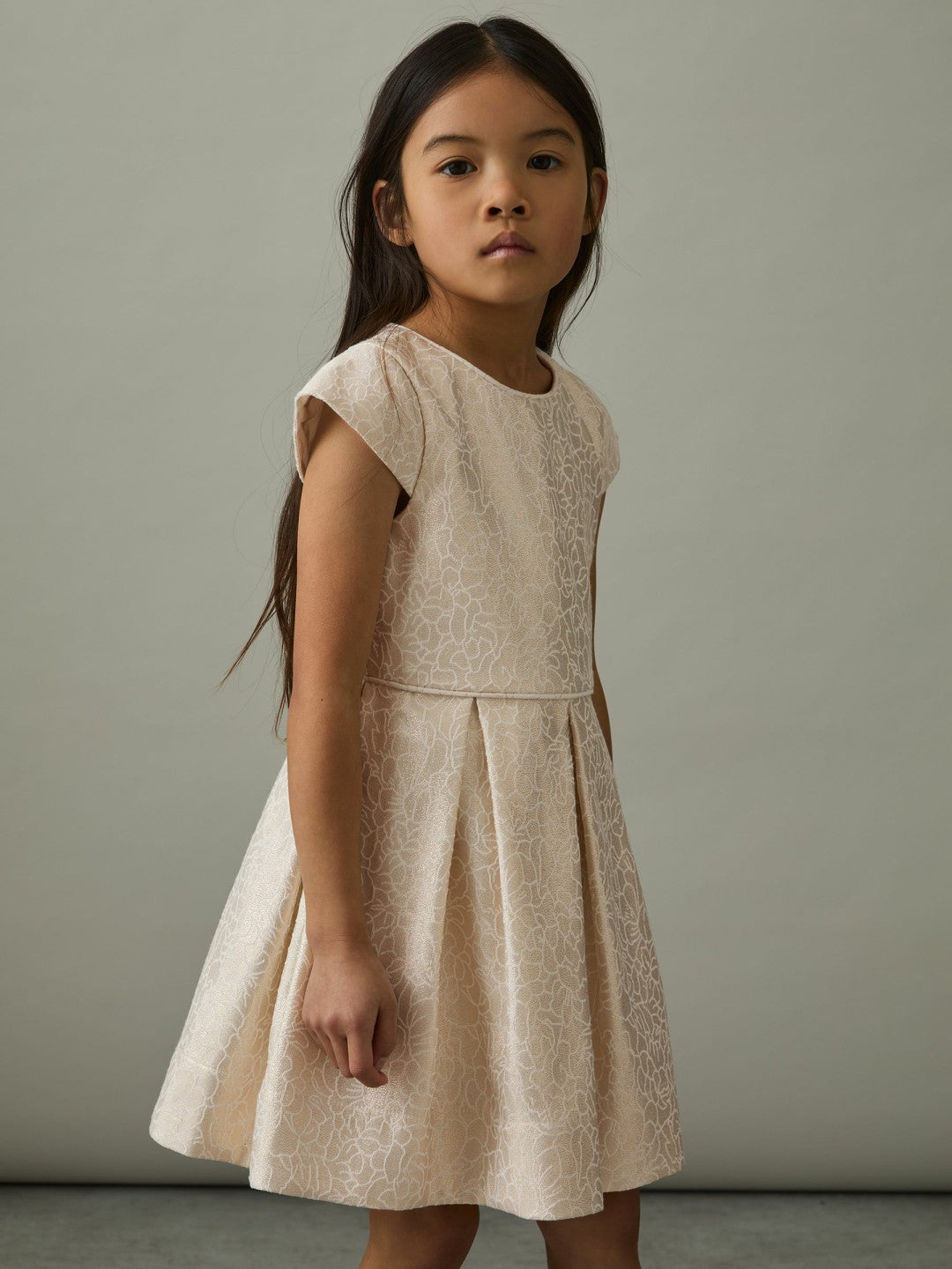 Reiss | 13-14 yrs Brocade Cap-Sleeve Pleated Dress in Ivory