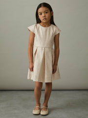 Reiss | 13-14 yrs Brocade Cap-Sleeve Pleated Dress in Ivory