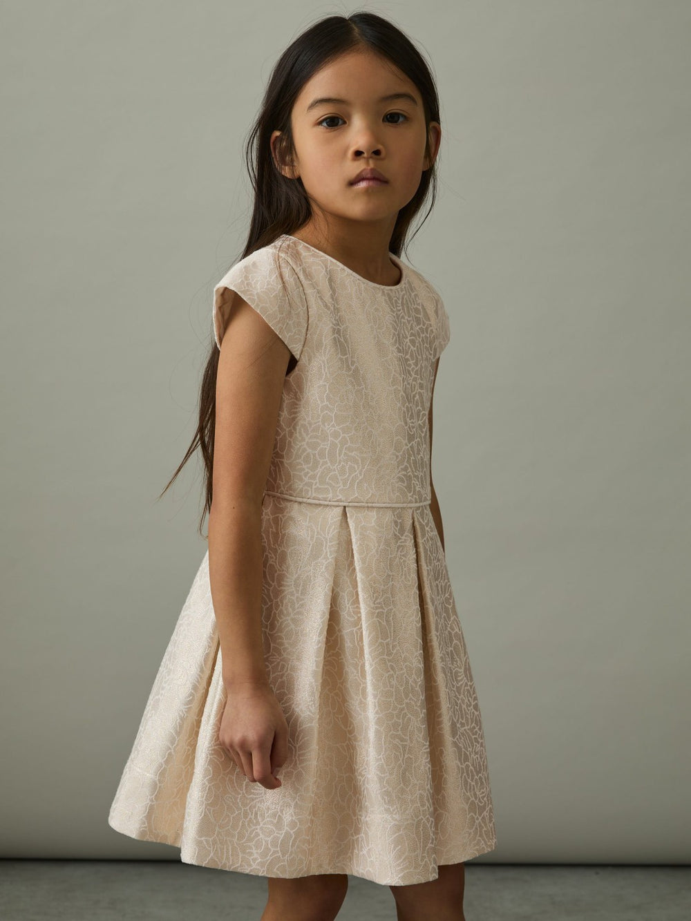 Reiss | 4-9 yrs Brocade Cap-Sleeve Pleated Dress in Ivory