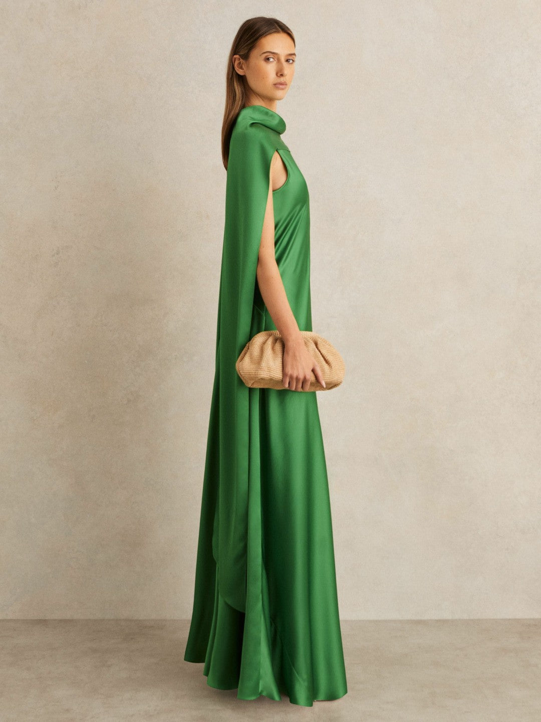 Reiss | Petite Satin Cape Maxi Dress in Green
