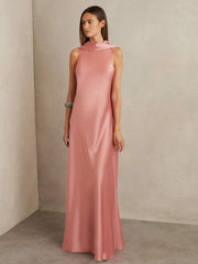 Reiss | Petite Satin Cape Maxi Dress in Pink