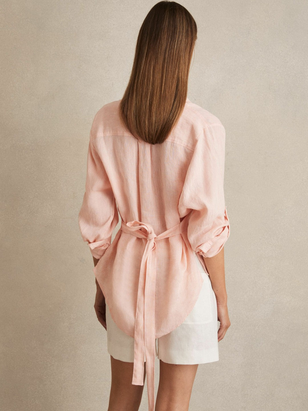 Reiss | Linen Tie-Back Shirt in Pale Pink