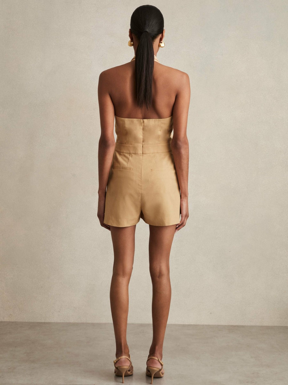 Reiss | Lyocell Cotton Halter Skort Playsuit in Camel