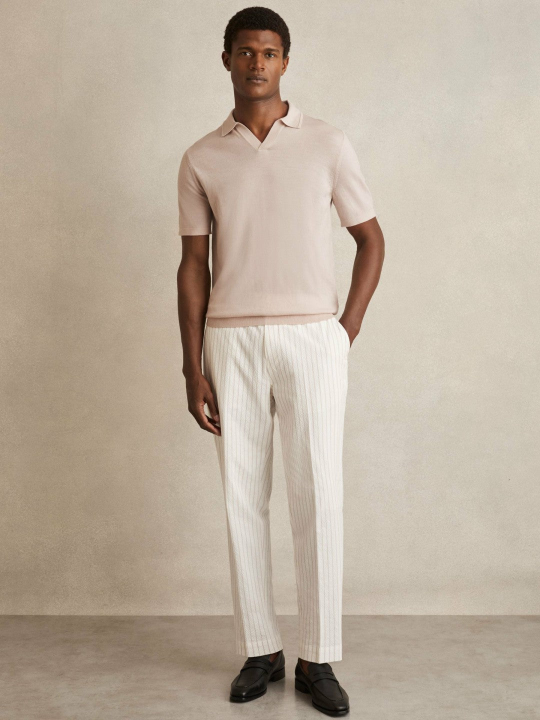 Reiss | Merino Wool Open Collar Polo Shirt in Beige