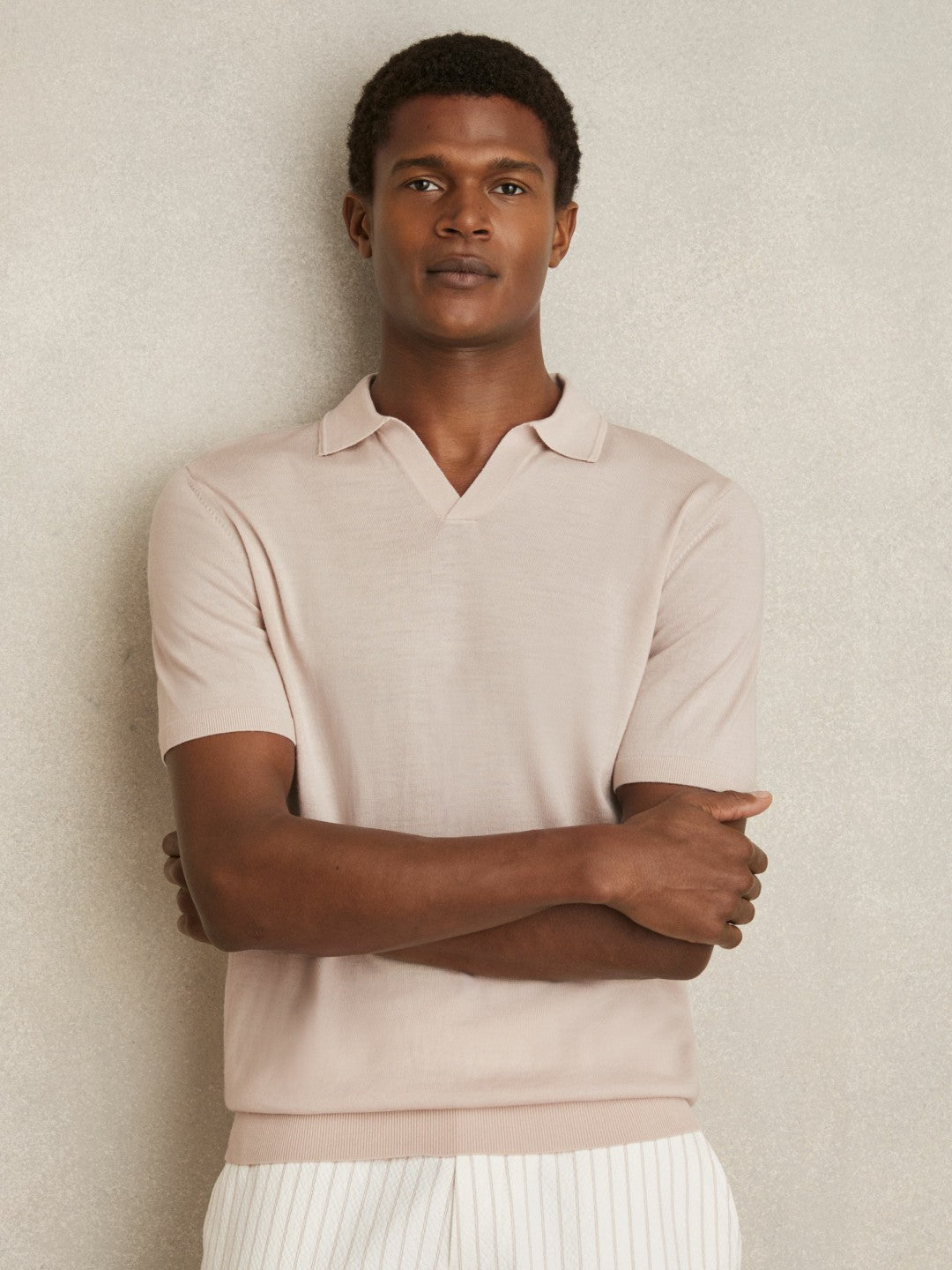 Reiss | Merino Wool Open Collar Polo Shirt in Beige