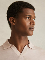Reiss | Merino Wool Open Collar Polo Shirt in Beige