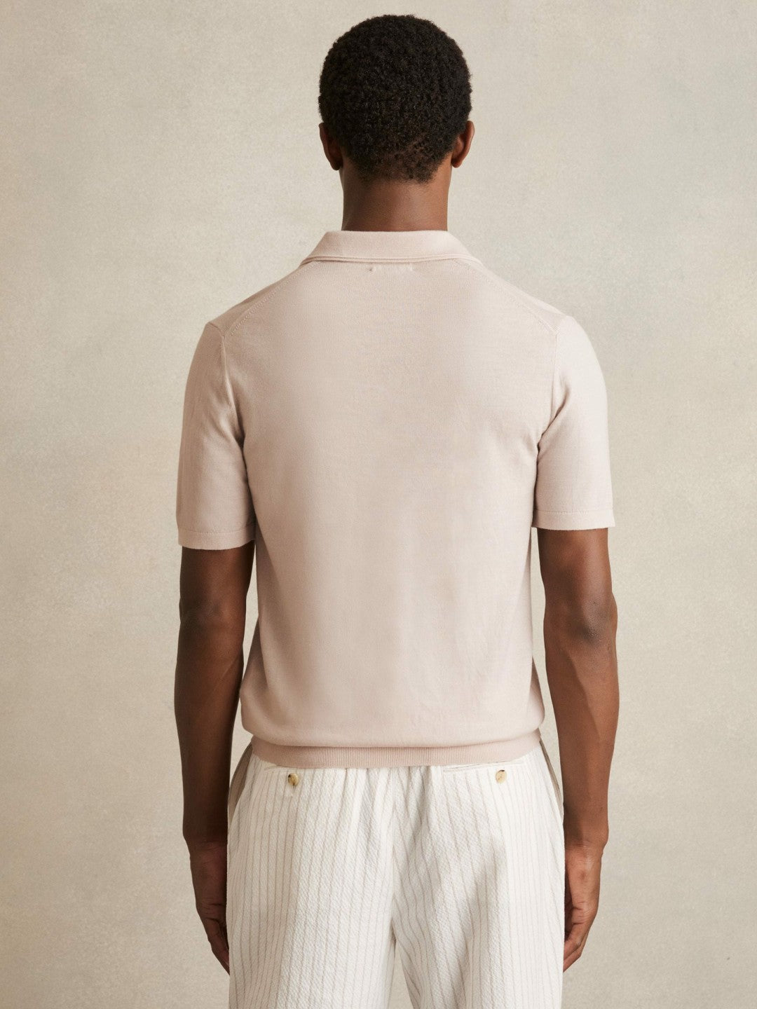 Reiss | Merino Wool Open Collar Polo Shirt in Beige