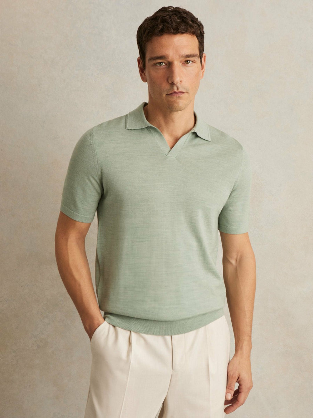 Reiss | Merino Wool Open Collar Polo Shirt in Sage Green Melange